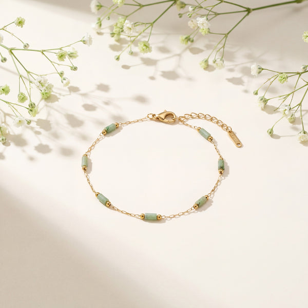 Gold Plated Green Oval Stone Station Delicate Chain Bracelet with Lobster Clasp