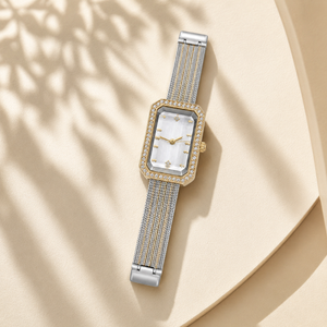 Watches Two-Tone Rectangular Dial Crystal Studded Bezel Bracelet Watch for Women