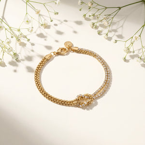 Gold Plated Beaded Ball Chain and White Stone Tennis Chain Bracelet with Love Knot Center