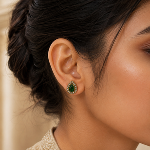 Earrings Teardrop Halo Drop Hoop, Emerald Pear Halo & Gold Teardrop Stud Earrings Set of 3 Pairs