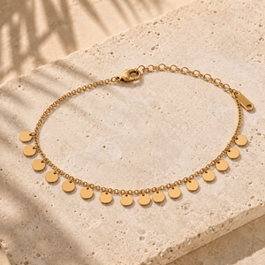 Gold Plated Chain Bracelet with Cascading Round Disc Coin Drop Charms and Lobster Clasp