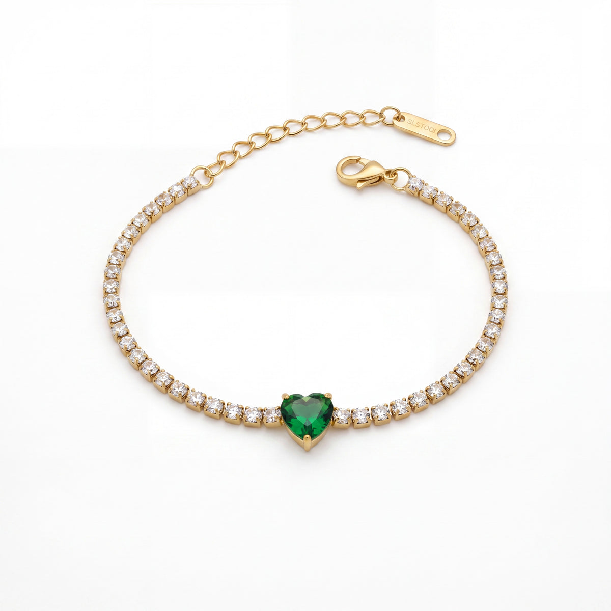 Gold Plated White Stone Tennis Bracelet with Green Heart Centre Stone and Lobster Clasp