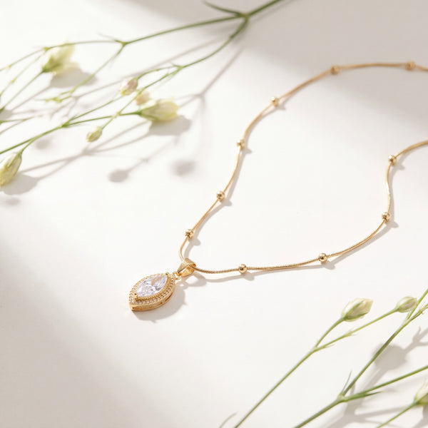 Gold Marquise Leaf CZ Pendant Chain Anti-Tarnish Necklace