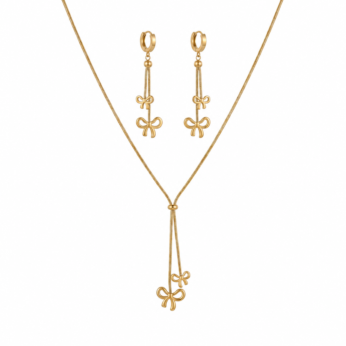 Anti tranish Gold plated 140 No. Minimal Bow pendant Chain with Hanging Bow earrings for adults - 1 Pc