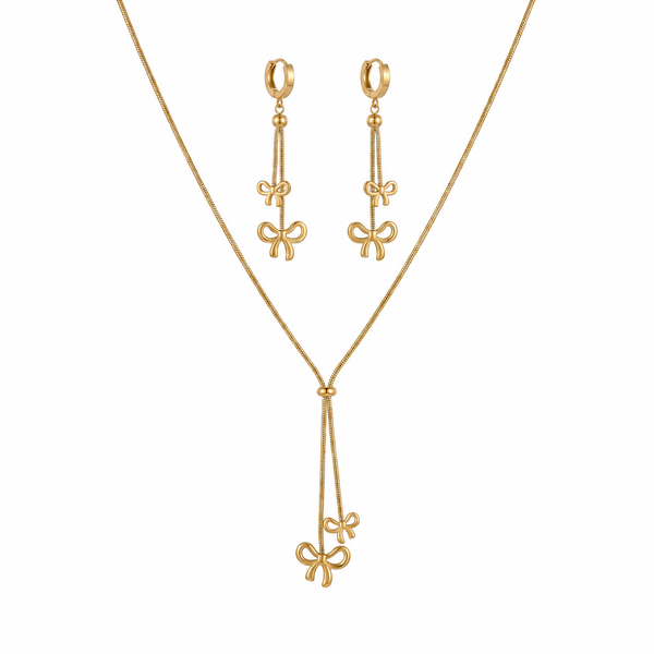 Anti tranish Gold plated 140 No. Minimal Bow pendant Chain with Hanging Bow earrings for adults - 1 Pc