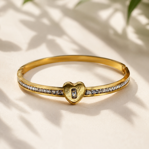 Gold Raised Heart Charm Baguette Diamond Kada for Women | Heart Pendant Row Stone Stainless Steel Ladies Bangle | Romantic Festive Jewellery