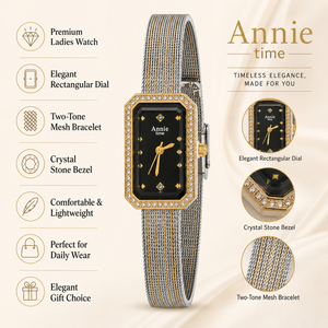 Watches Two-Tone Rectangular Black Dial Crystal Studded Bezel Bracelet Watch for Women