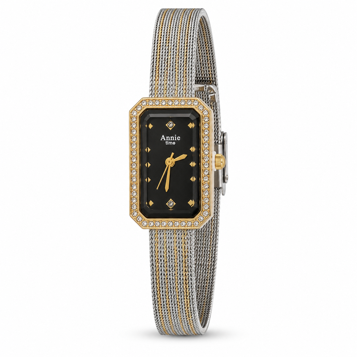 Watches Two-Tone Rectangular Black Dial Crystal Studded Bezel Bracelet Watch for Women