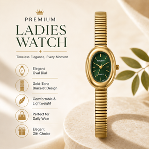 Watches Gold-Tone Oval Green Dial Minimalist Stretch Bracelet Watch for Women