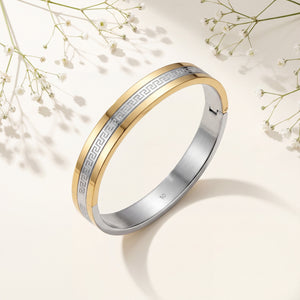Men's Two-Tone Silver & Gold Plated Stainless Steel Engraved-Pattern Open Cuff Kada