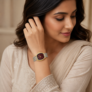 Watches Gold-Tone Octagonal Maroon Dial Multi Strand Bracelet Watch for Women