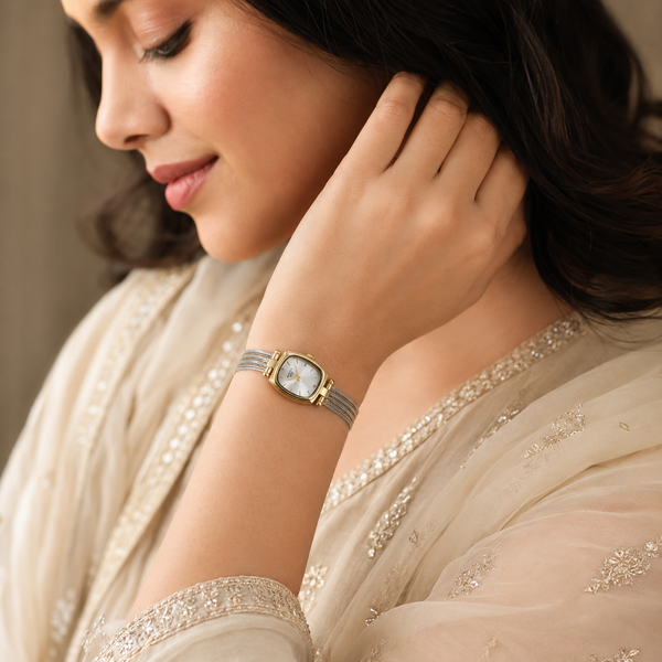 Watches Two-Tone Square Dial Silver Mesh Bracelet Watch for Women