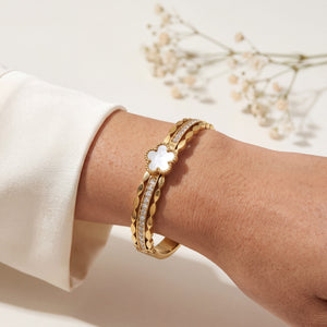 Mother of Pearl Clover Linked Baby Kada Bangle | Gold Plated Quatrefoil Lucky Cuff Bracelet for Women