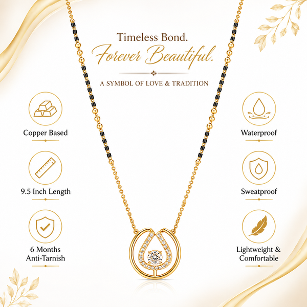 KZ Gold Plated Circle Teardrop Frame CZ Mangalsutra for Women Black Bead Chain Open Circle Pendant FS