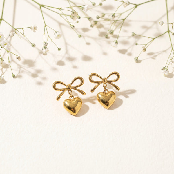 18K Gold Plated Heart and Bow Drop Earrings