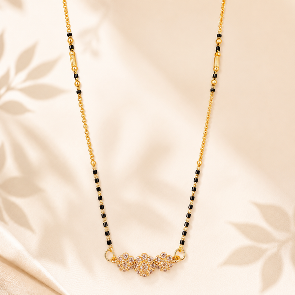 KZ Gold Plated Triple Ball CZ Mangalsutra for Women Black Bead Chain Round Ball Pendant FS