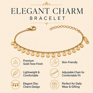 Gold Plated Chain Bracelet with Cascading Round Disc Coin Drop Charms and Lobster Clasp