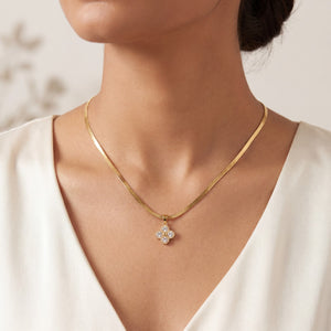 Gold Clover Flower CZ Pendant Snake Chain Anti-Tarnish Necklace