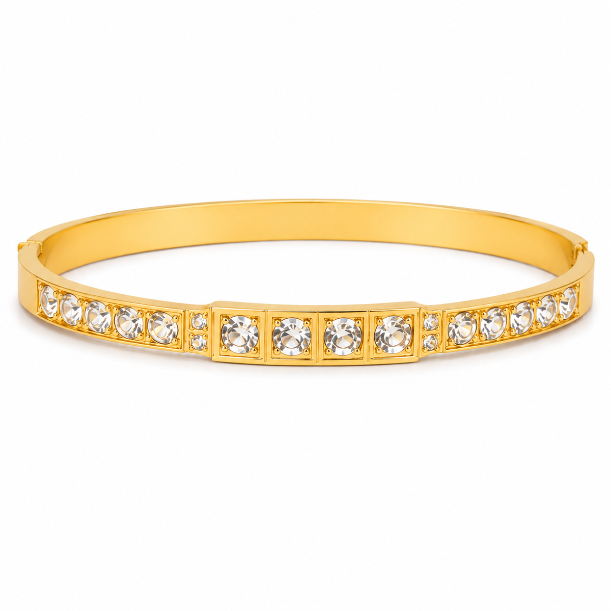 Gold Full Row Large Round Solitaire Diamond Oval Kada for Women | Channel Set Bold Stone Stainless Steel Ladies Bangle | Statement Festive Jewellery