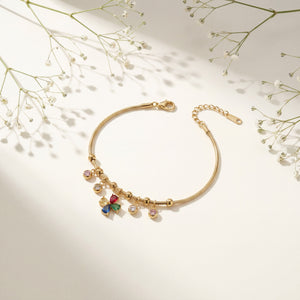 Gold Plated Snake Chain Bracelet with Multi Colour Stone Charm Cluster and Lobster Clasp