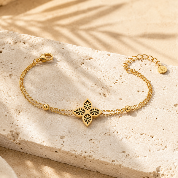 Gold Plated Oval Link Chain Bracelet with Interlocking Double Circle White Stone Halo Charm Center