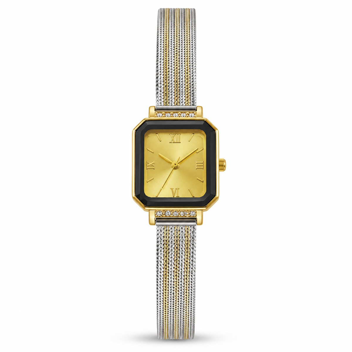 Watches Two-Tone Square Dial Black Bezel Mesh Bracelet Watch for Women
