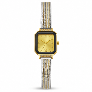 Watches Two-Tone Square Dial Black Bezel Mesh Bracelet Watch for Women