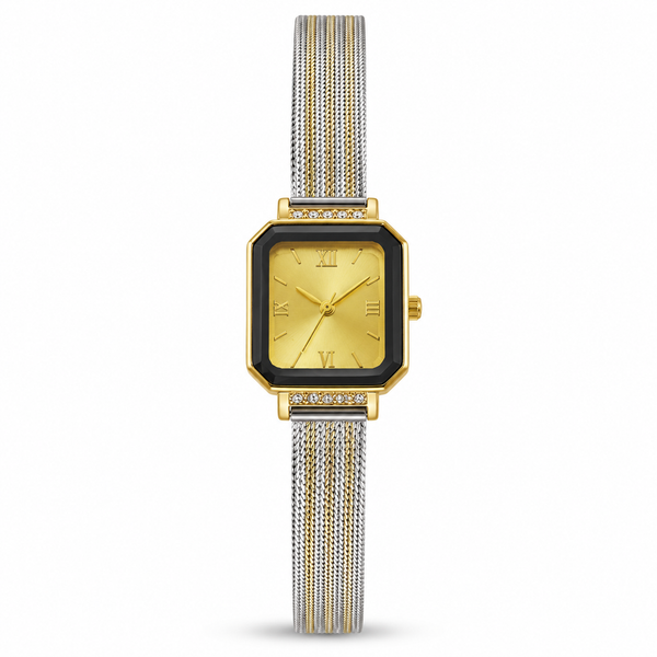 Watches Two-Tone Square Dial Black Bezel Mesh Bracelet Watch for Women