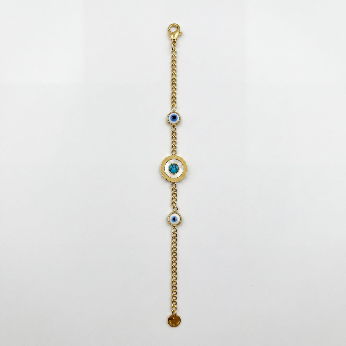 Gold Plated Chain Bracelet with Blue Evil Eye Bead Stations and Central Halo Evil Eye Charm