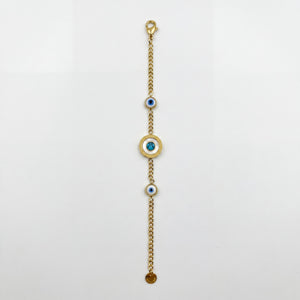 Gold Plated Chain Bracelet with Blue Evil Eye Bead Stations and Central Halo Evil Eye Charm