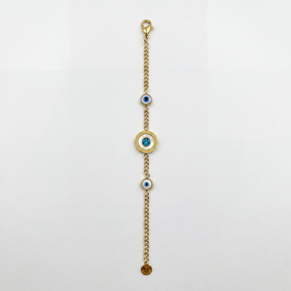 Gold Plated Chain Bracelet with Blue Evil Eye Bead Stations and Central Halo Evil Eye Charm