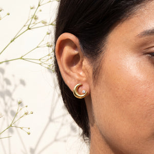 18K Gold Plated Half Moon Crystal Stud Earrings