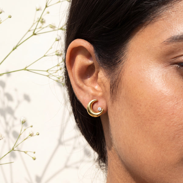 18K Gold Plated Half Moon Crystal Stud Earrings