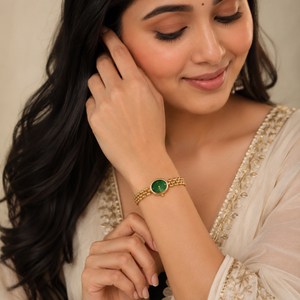 Watches Gold-Tone Oval Green Dial Chain Bracelet Watch for Women