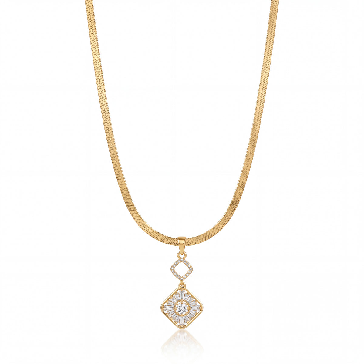 Gold Rhombus CZ Pendant Snake Chain Anti-Tarnish Necklace