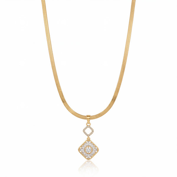Gold Rhombus CZ Pendant Snake Chain Anti-Tarnish Necklace