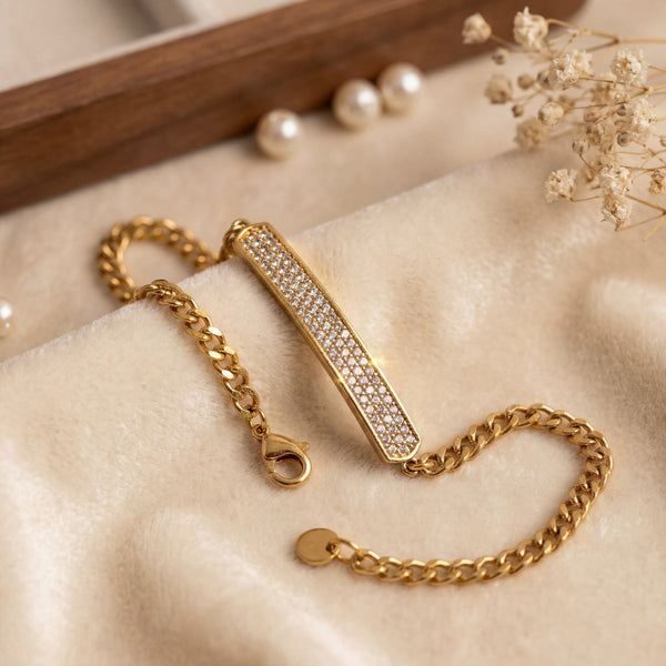 Close-up of Anti-Tarnish Gold Plated Celeste Bar CZ Stone Bracelet showing diamond-studded bar detail - House of Viya