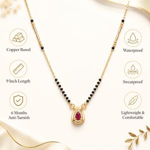 KZ Gold Plated Horseshoe Ruby CZ Mangalsutra for Women Black Bead Chain Stone Frame Pendant FS
