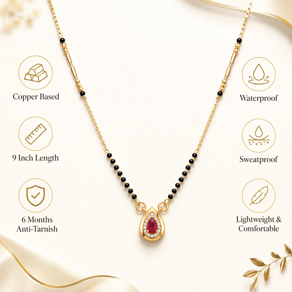 KZ Gold Plated Horseshoe Ruby CZ Mangalsutra for Women Black Bead Chain Stone Frame Pendant FS