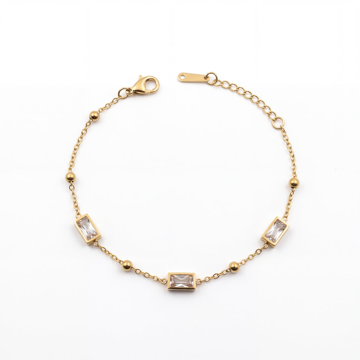 Gold Plated Rectangular Baguette White Stone Beaded Station Delicate Chain Bracelet with Lobster Clasp