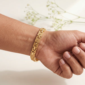 Men's Gold Plated Stainless Steel Textured Diamond-Cut H-Link Bracelet