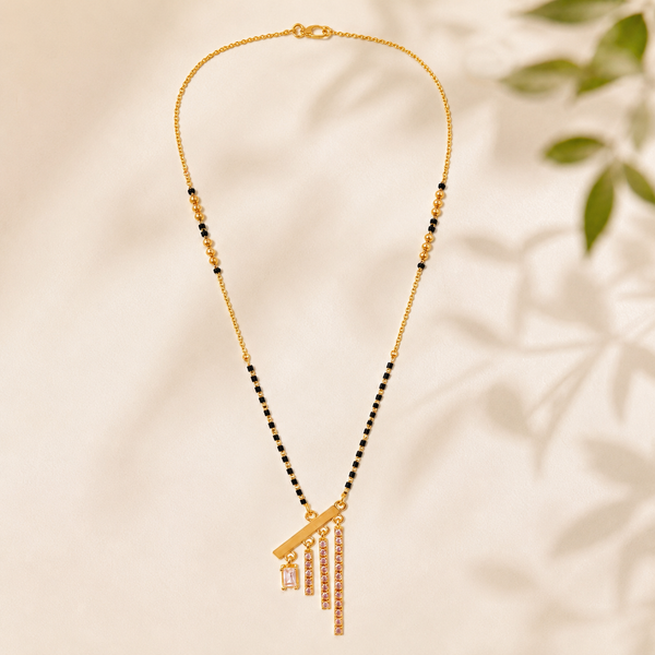 KZ Gold Plated Diagonal Bar Tassel CZ Mangalsutra for Women Black Bead Chain Fringe Drop Pendant FS