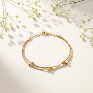 Gold Plated Double Strand Snake Chain Bracelet with Polished Bead Station Accents and Lobster Clasp