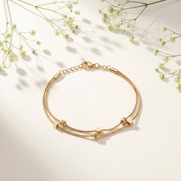 Gold Plated Double Strand Snake Chain Bracelet with Polished Bead Station Accents and Lobster Clasp