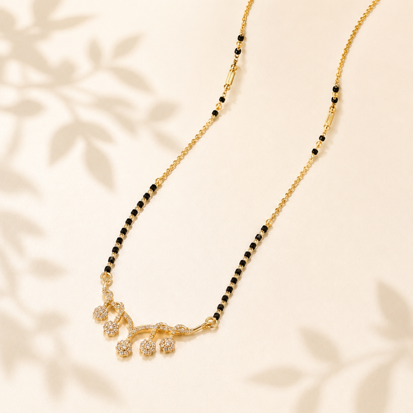 KZ Gold Plated Cascading Floral CZ Mangalsutra for Women Black Bead Chain Multi Drop Dangle Pendant FS