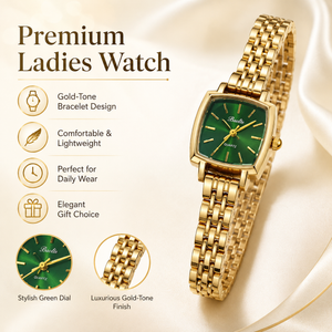 Watches Gold-Tone Square Green Dial Woven Mesh Bracelet Watch for Women