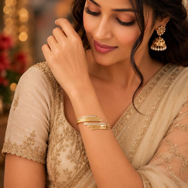 Gold Scallop Edge Diamond Oval Kada for Women | Wave Border Stone Stainless Steel Ladies Bangle | Fancy Design Jewellery
