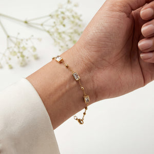 Gold Plated Rectangular Baguette White Stone Beaded Station Delicate Chain Bracelet with Lobster Clasp