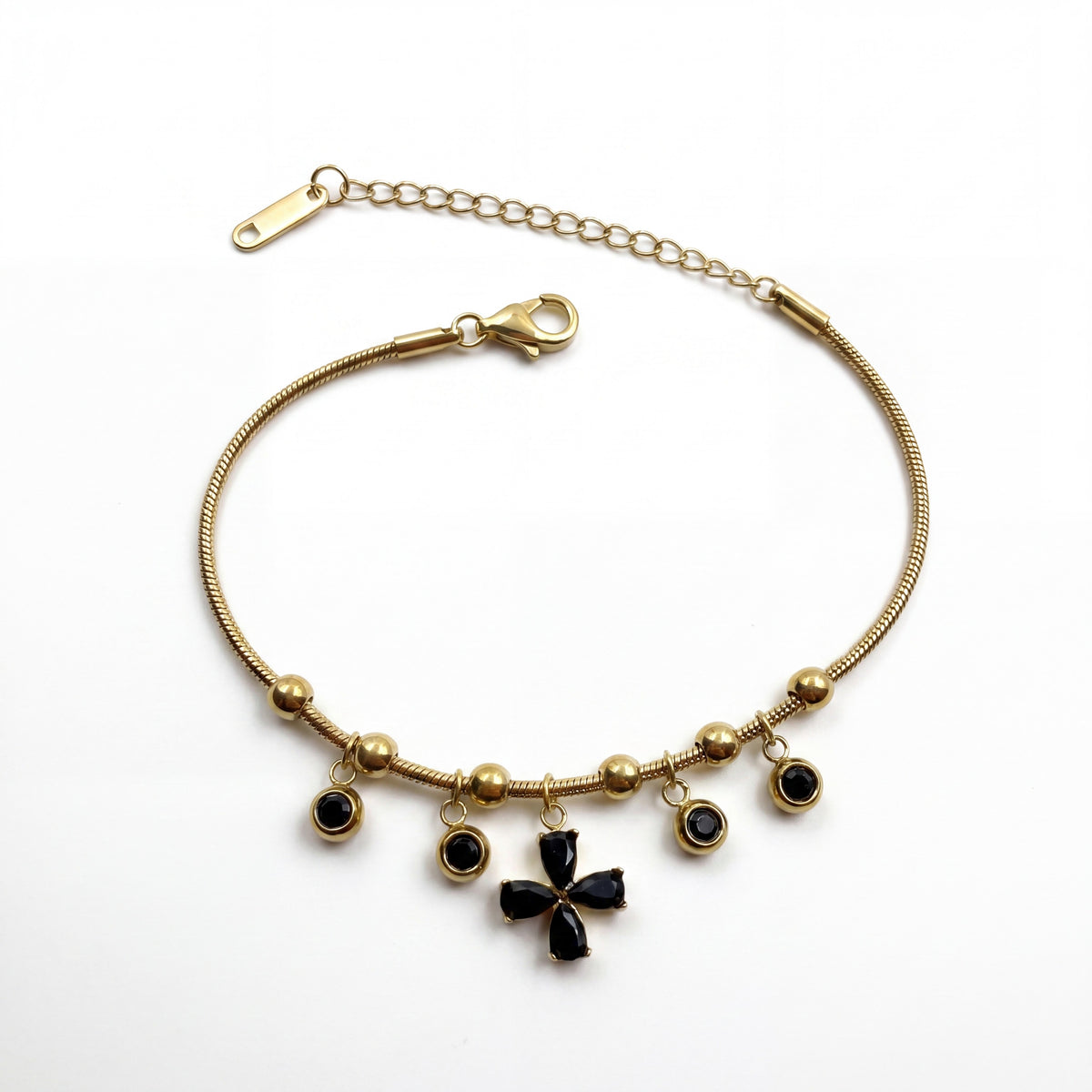 Gold Plated Snake Chain Bracelet with Black Clover and Black Stone Charm Cluster