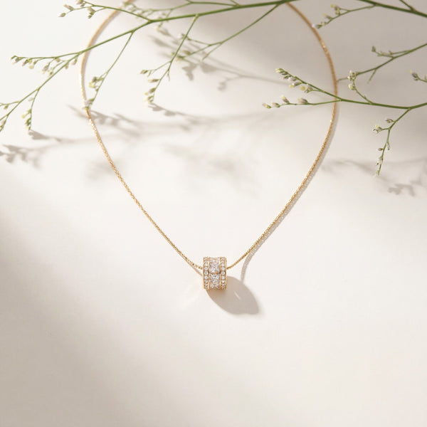 Gold Barrel CZ Bead Slider Pendant Chain Anti-Tarnish Necklace